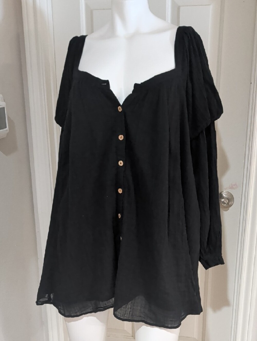 Free People Black Button-Front Peasant Dress Women's Medium